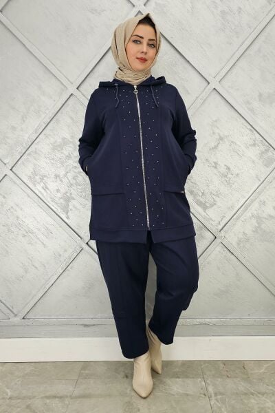 KADIN BEDEN TAŞ DETAYLI TESETTÜR TAKIM LACİVERT - 4 BEDEN