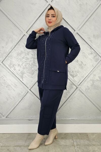 KADIN BEDEN TAŞ DETAYLI TESETTÜR TAKIM LACİVERT - 4 BEDEN