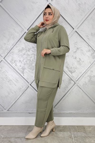 KADIN BEDEN TAŞ DETAYLI TESETTÜR TAKIM HAKİ - 2 BEDEN