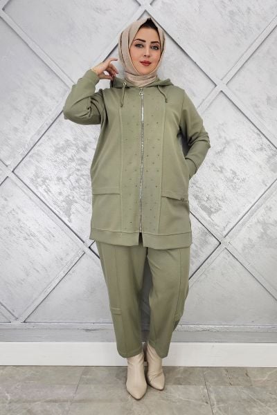 KADIN BEDEN TAŞ DETAYLI TESETTÜR TAKIM HAKİ - 2 BEDEN