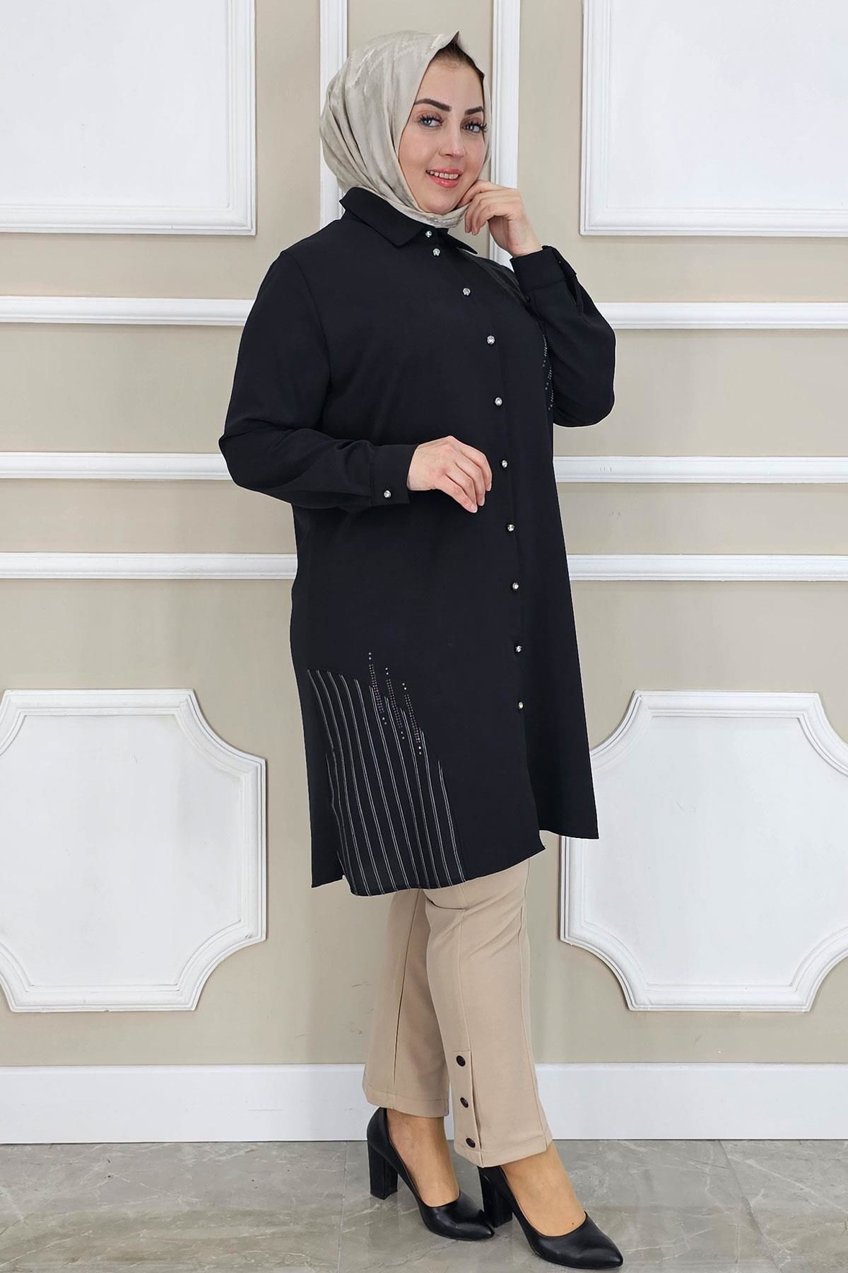 PYS KADIN TAŞ DETAYLI TESETTÜR GÖMLEK SİYAH - 3 BEDEN