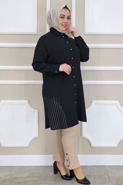 PYS KADIN TAŞ DETAYLI TESETTÜR GÖMLEK SİYAH - 3 BEDEN