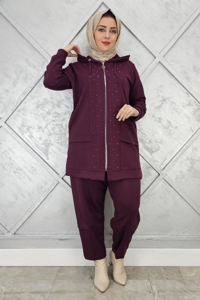 KADIN BEDEN TAŞ DETAYLI TESETTÜR TAKIM BORDO - 4 BEDEN