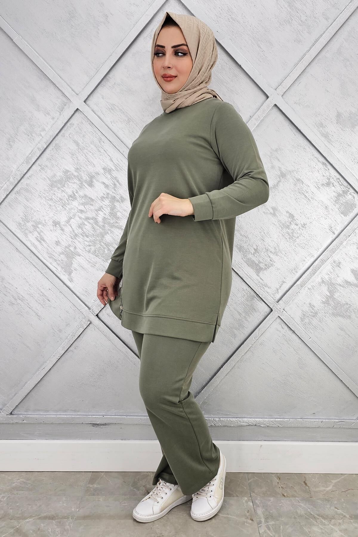 KADIN FERMUAR DETAYLI TESETTÜR TAKIM HAKİ - 2 BEDEN