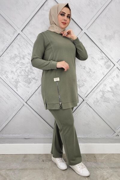 KADIN FERMUAR DETAYLI TESETTÜR TAKIM HAKİ - 2 BEDEN