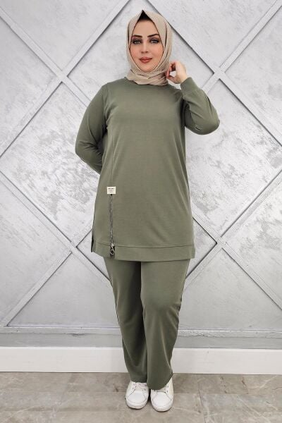 KADIN FERMUAR DETAYLI TESETTÜR TAKIM HAKİ - 2 BEDEN
