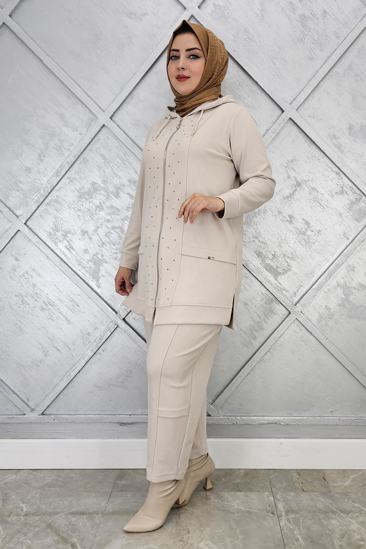 KADIN BEDEN TAŞ DETAYLI TESETTÜR TAKIM TAŞ - 2 BEDEN