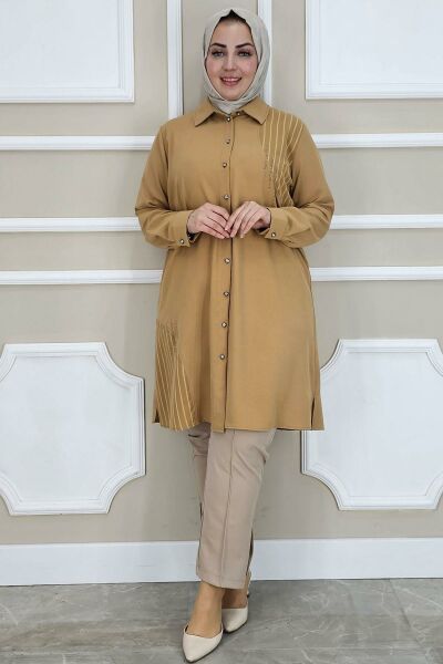 PYS KADIN TAŞ DETAYLI TESETTÜR GÖMLEK CAMEL - 2 BEDEN