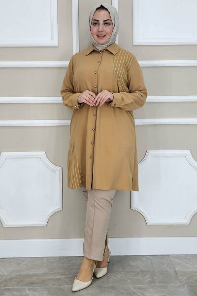 PYS KADIN TAŞ DETAYLI TESETTÜR GÖMLEK CAMEL - 2 BEDEN