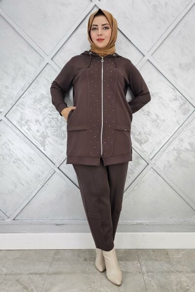 KADIN BEDEN TAŞ DETAYLI TESETTÜR TAKIM KAHVERENGİ - 2 BEDEN