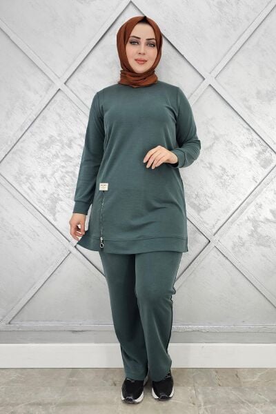 KADIN FERMUAR DETAYLI TESETTÜR TAKIM YEŞİL - 5 BEDEN