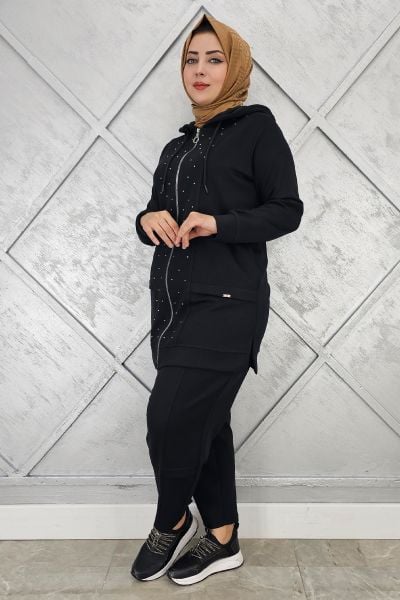 KADIN BEDEN TAŞ DETAYLI TESETTÜR TAKIM SİYAH - 2 BEDEN