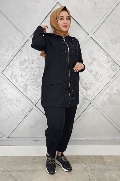 KADIN BEDEN TAŞ DETAYLI TESETTÜR TAKIM SİYAH - 2 BEDEN