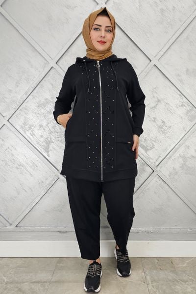 KADIN BEDEN TAŞ DETAYLI TESETTÜR TAKIM SİYAH - 2 BEDEN