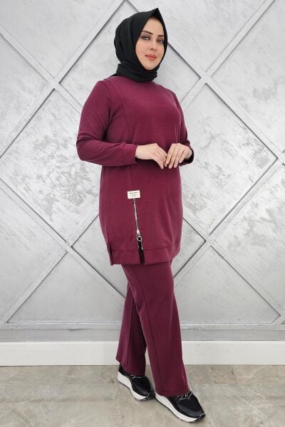 KADIN FERMUAR DETAYLI TESETTÜR TAKIM BORDO - 5 BEDEN