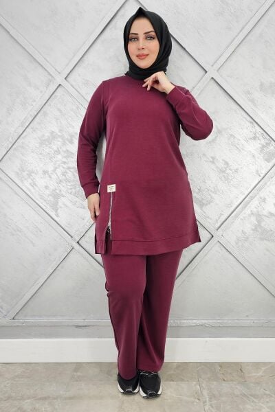 KADIN FERMUAR DETAYLI TESETTÜR TAKIM BORDO - 5 BEDEN
