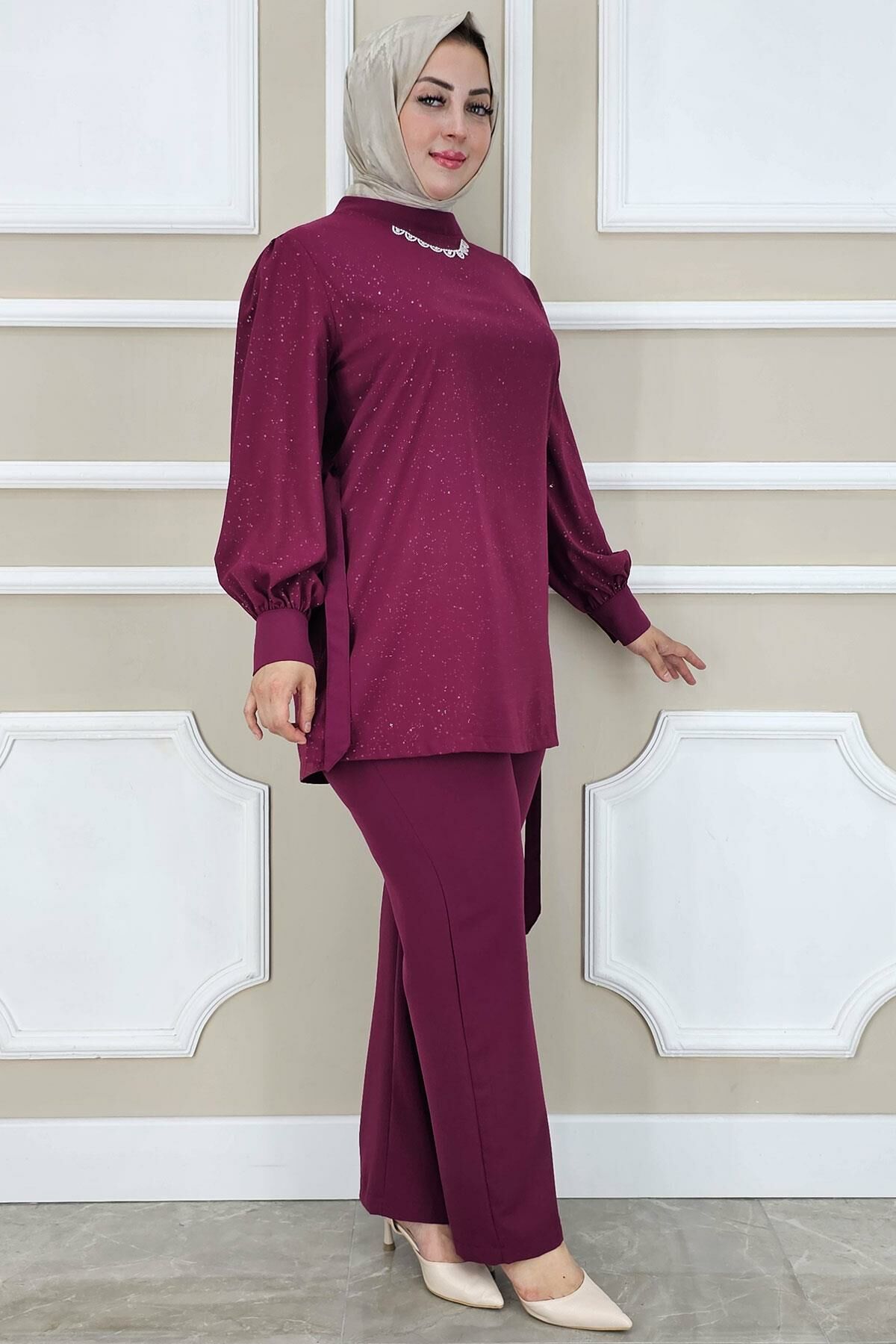 PYS KADIN DANTEL DETAYLI TESETTÜR TAKIM BORDO - 4 BEDEN