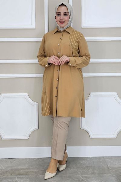 PYS KADIN TAŞ DETAYLI TESETTÜR GÖMLEK CAMEL - 4 BEDEN