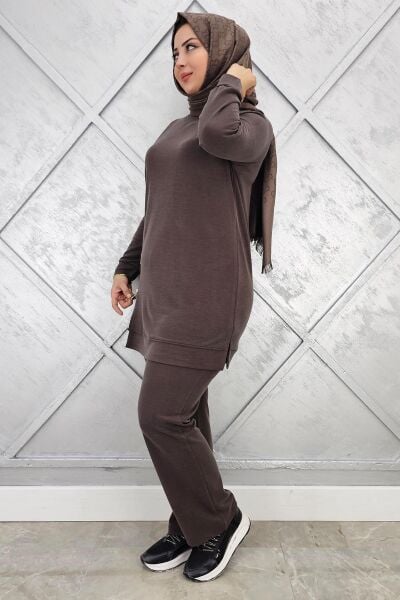 KADIN FERMUAR DETAYLI TESETTÜR TAKIM KAHVERENGİ - 2 BEDEN