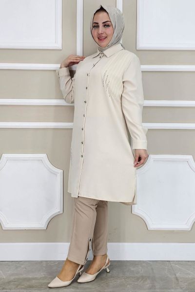 PYS KADIN TAŞ DETAYLI TESETTÜR GÖMLEK TAŞ - 2 BEDEN