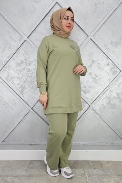 KADIN DİKME DETAYLI TESETTÜR TAKIM HAKİ - 3XL