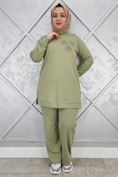 KADIN DİKME DETAYLI TESETTÜR TAKIM HAKİ - 3XL