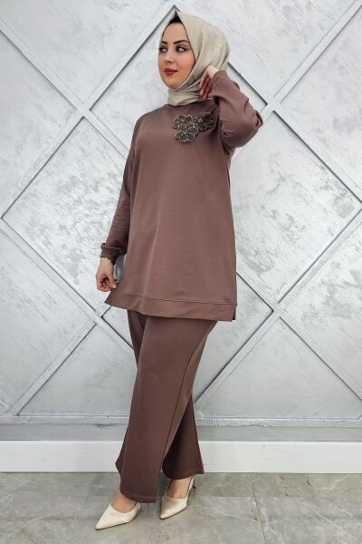 KADIN DİKME DETAYLI TESETTÜR TAKIM VİZON - XL