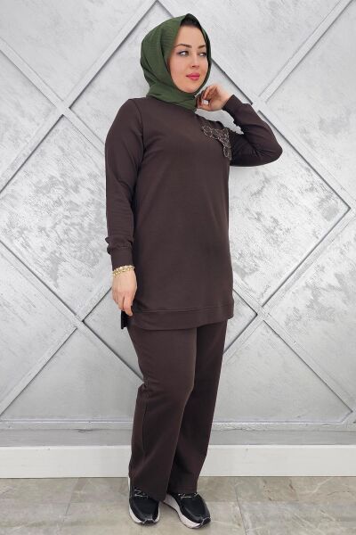 KADIN DİKME DETAYLI TESETTÜR TAKIM KAHVERENGİ - 2XL