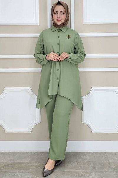 PYS KADIN BROŞ DETAYLI TESETTÜR TAKIM HAKİ - 2 BEDEN