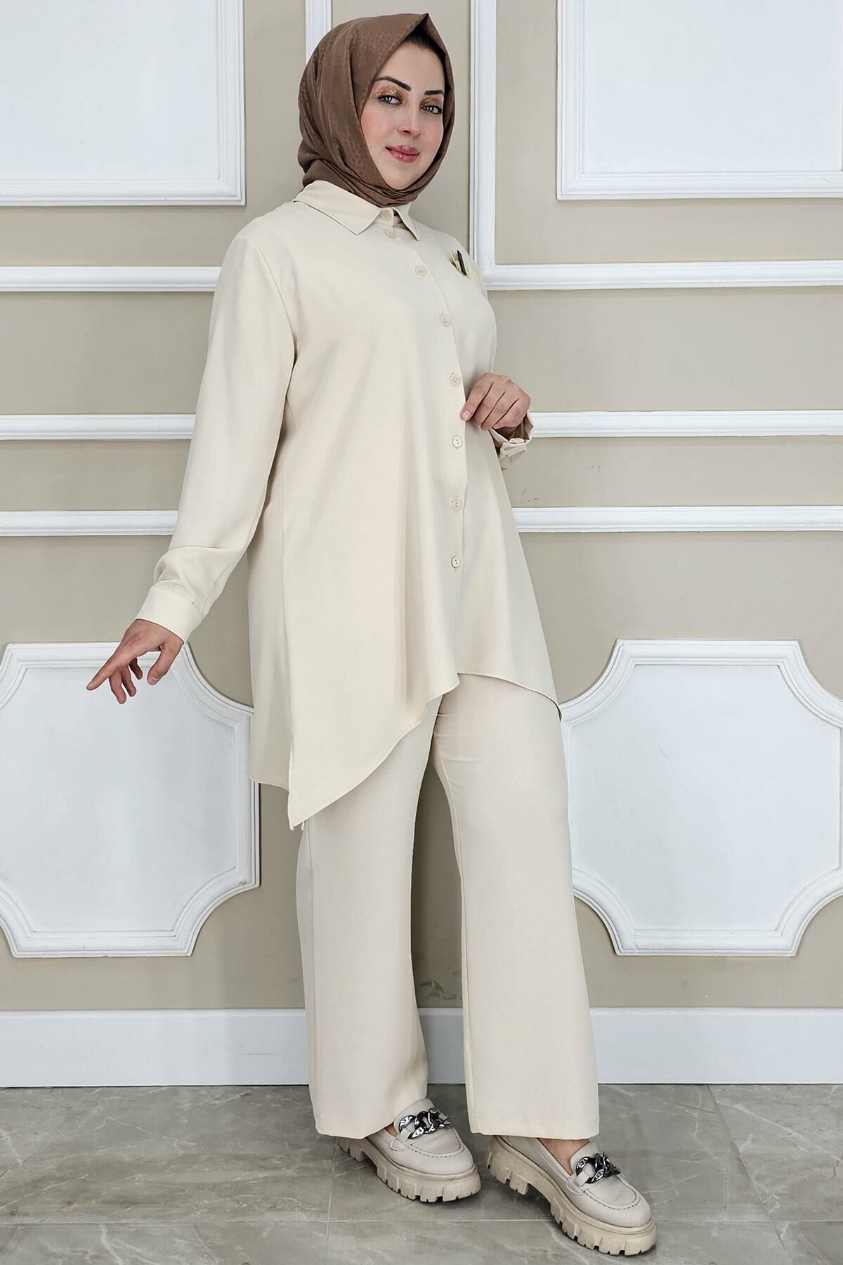 PYS KADIN BROŞ DETAYLI TESETTÜR TAKIM TAŞ - 3 BEDEN