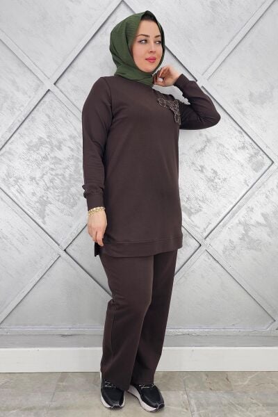 KADIN DİKME DETAYLI TESETTÜR TAKIM KAHVERENGİ - 3XL