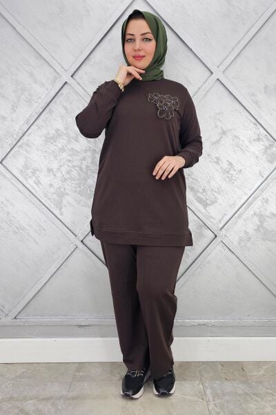 KADIN DİKME DETAYLI TESETTÜR TAKIM KAHVERENGİ - 3XL