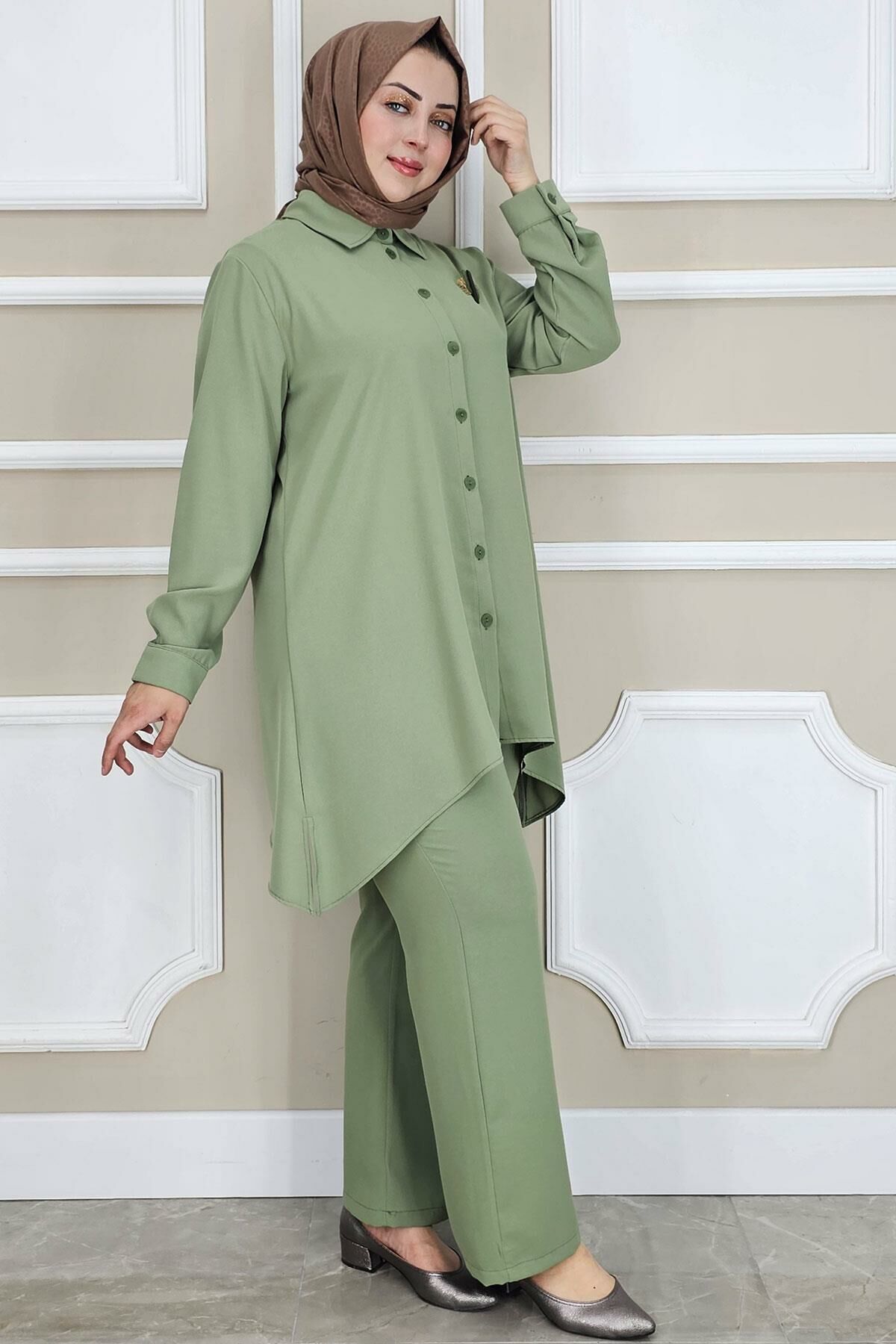 PYS KADIN BROŞ DETAYLI TESETTÜR TAKIM HAKİ - 4 BEDEN