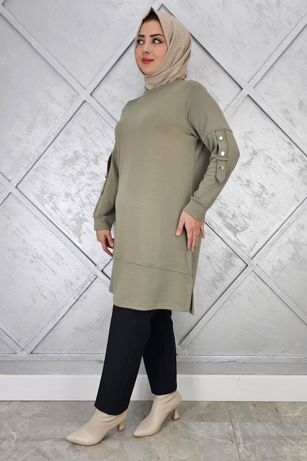 KADIN KOL DÜĞME DETAYLI TESETTÜR TUNİK HAKİ - 2 BEDEN