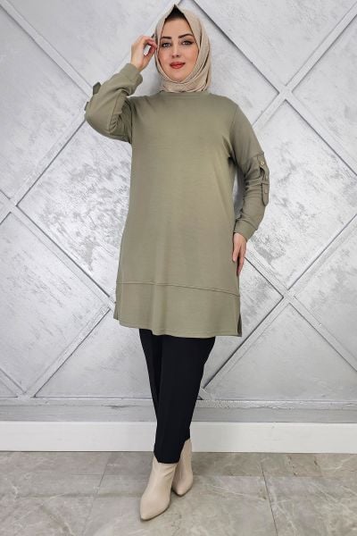 KADIN KOL DÜĞME DETAYLI TESETTÜR TUNİK HAKİ - 2 BEDEN