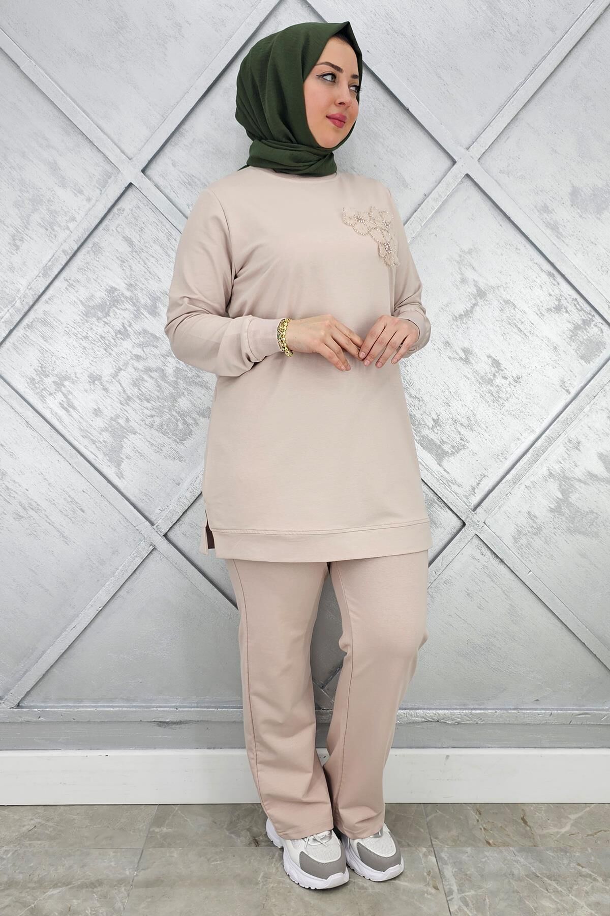 KADIN DİKME DETAYLI TESETTÜR TAKIM BEJ - 2XL