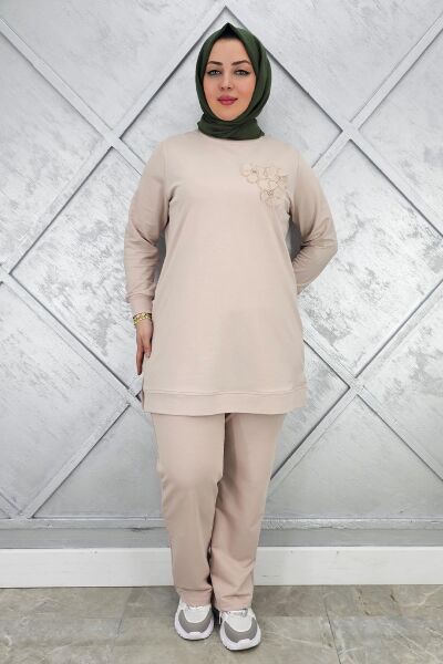 KADIN DİKME DETAYLI TESETTÜR TAKIM BEJ - 2XL