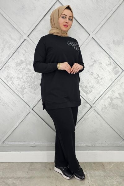 KADIN DİKME DETAYLI TESETTÜR TAKIM SİYAH - 2XL