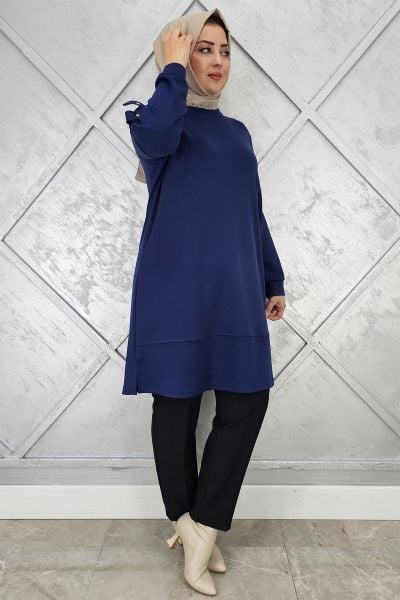KADIN KOL DÜĞME DETAYLI TESETTÜR TUNİK İNDİGO - 5 BEDEN