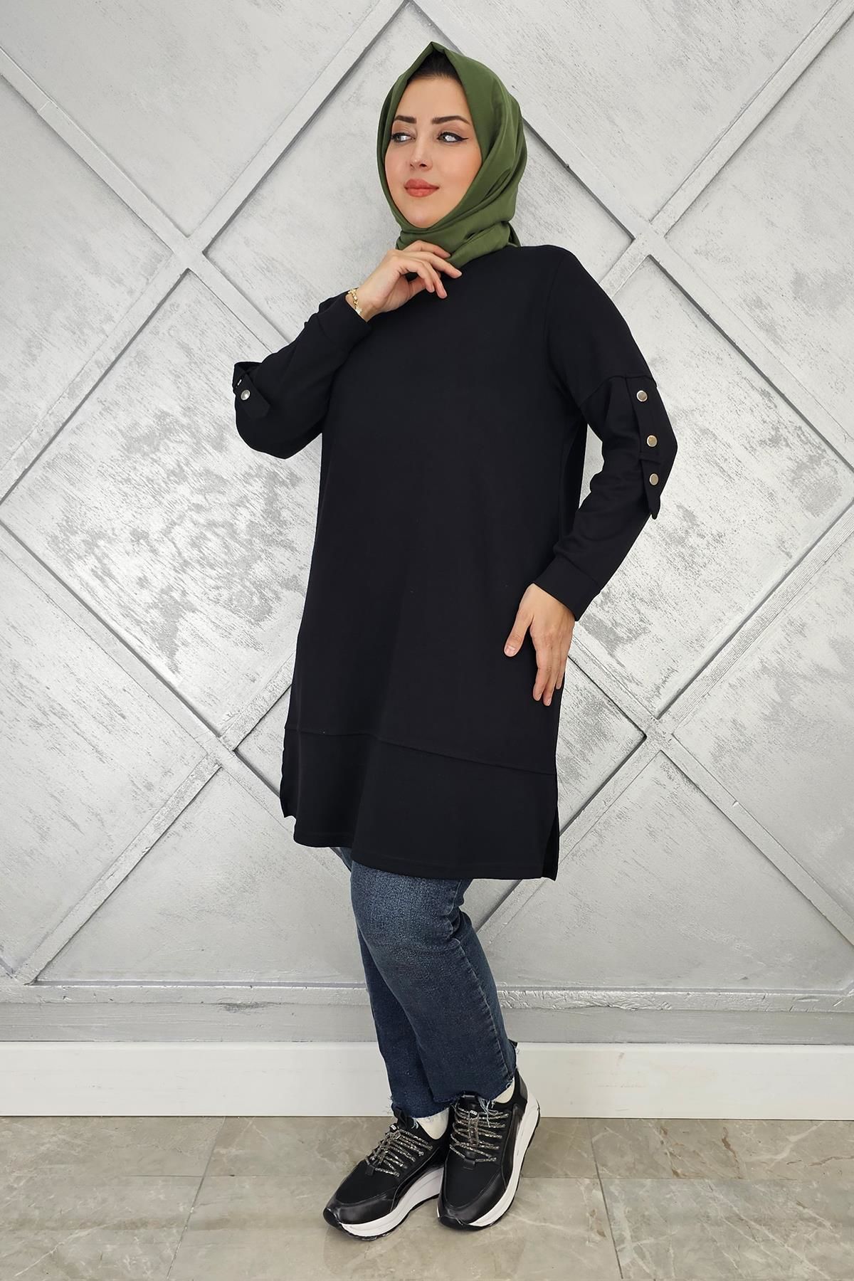 KADIN KOL DÜĞME DETAYLI TESETTÜR TUNİK SİYAH - 3 BEDEN