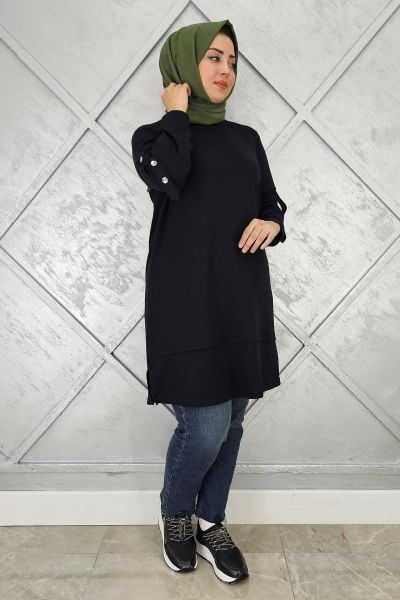 KADIN KOL DÜĞME DETAYLI TESETTÜR TUNİK SİYAH - 3 BEDEN