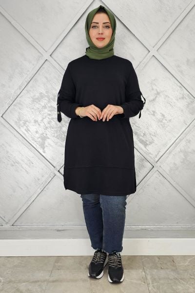KADIN KOL DÜĞME DETAYLI TESETTÜR TUNİK SİYAH - 3 BEDEN