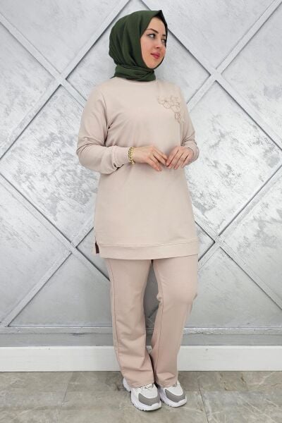 KADIN DİKME DETAYLI TESETTÜR TAKIM BEJ - 3XL