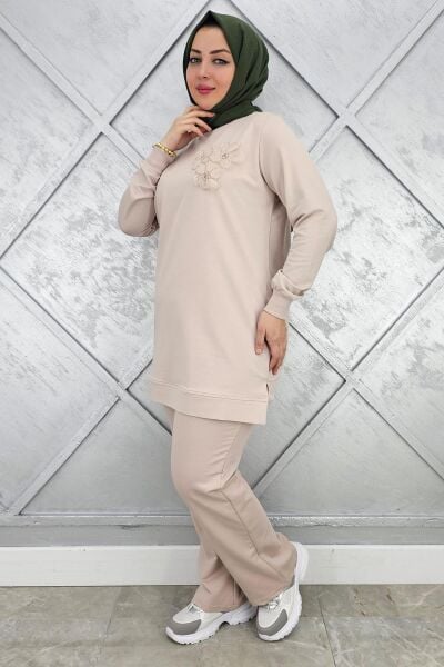 KADIN DİKME DETAYLI TESETTÜR TAKIM BEJ - 3XL
