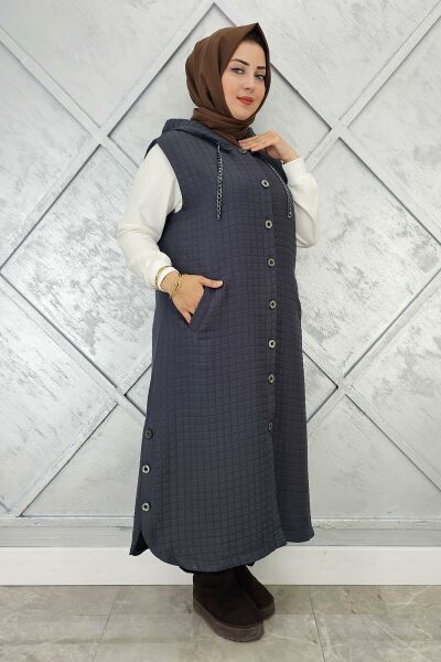 KADIN CEPLİ ETEK UCU DÜĞME DETAYLI TESETTÜR YELEK GRİ - 4 BEDEN
