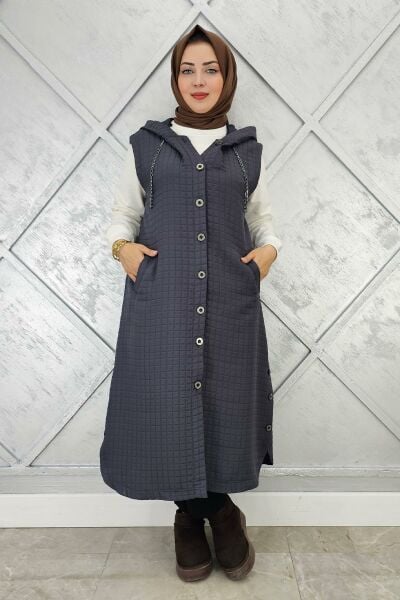 KADIN CEPLİ ETEK UCU DÜĞME DETAYLI TESETTÜR YELEK GRİ - 4 BEDEN