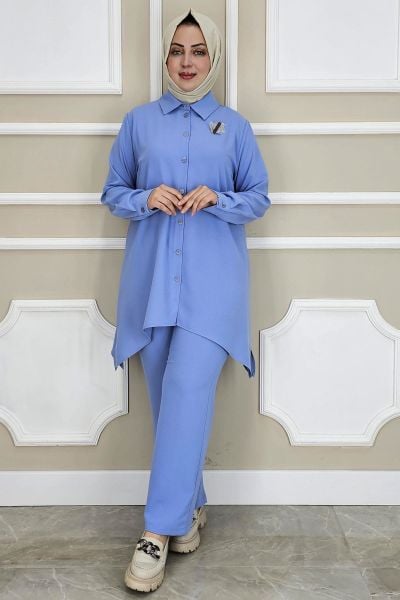 PYS KADIN BROŞ DETAYLI TESETTÜR TAKIM MAVİ - 2 BEDEN