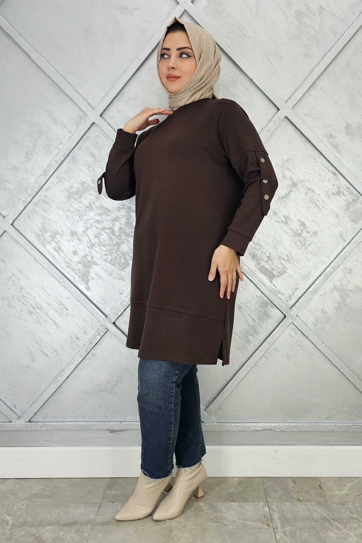 KADIN KOL DÜĞME DETAYLI TESETTÜR TUNİK KAHVERENGİ - 2 BEDEN