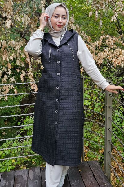 KADIN CEPLİ ETEK UCU DÜĞME DETAYLI TESETTÜR YELEK SİYAH - 5 BEDEN