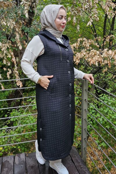 KADIN CEPLİ ETEK UCU DÜĞME DETAYLI TESETTÜR YELEK SİYAH - 5 BEDEN